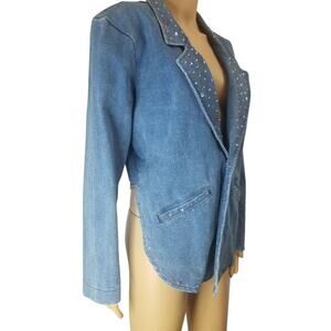 VINTAGE TUXEDO JEAN JACKET by Explosive Crystal Adorned Collar Size Large